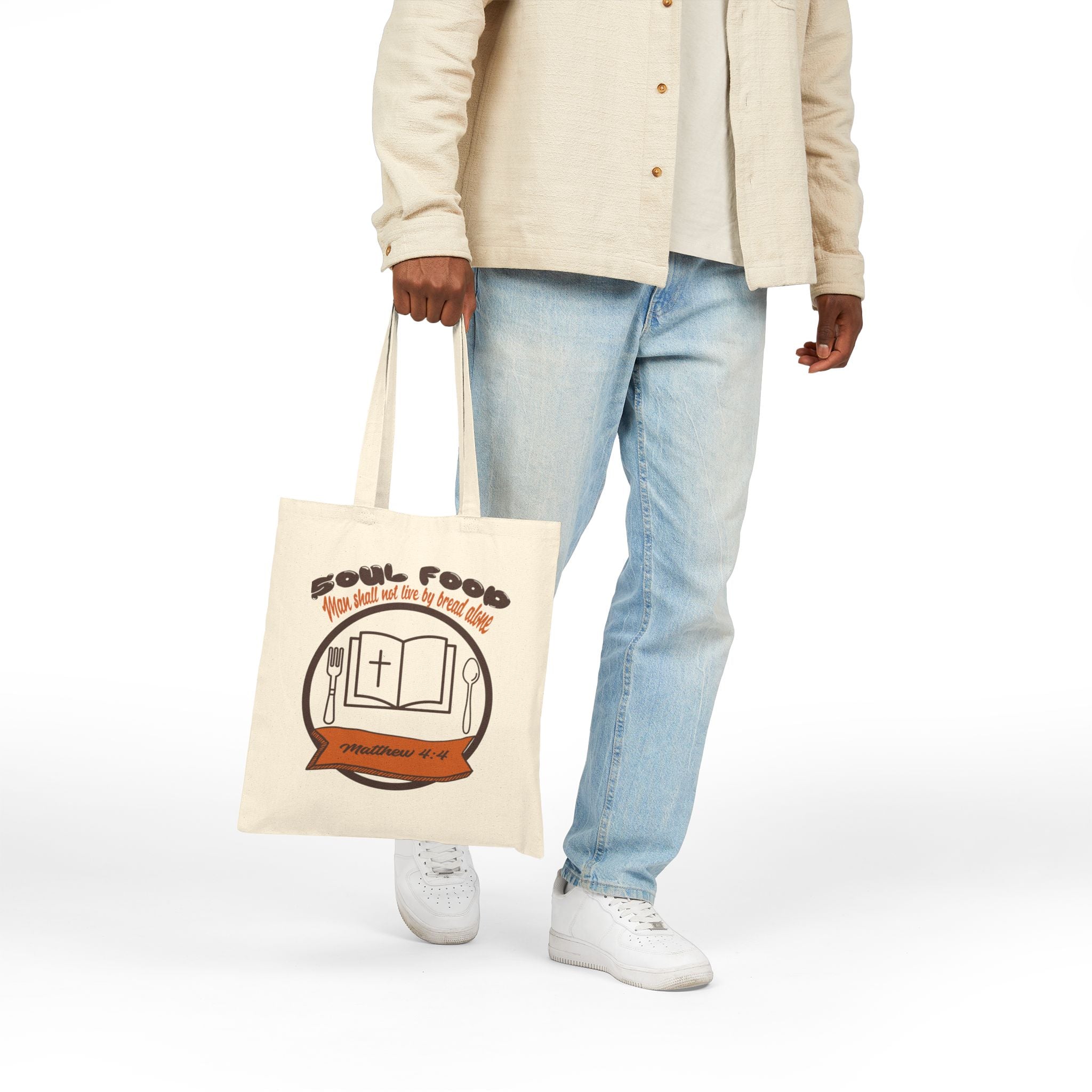 Soul Food Cotton Canvas Tote Bag | Eco-Friendly Grocery Bag, Bible Verse Conference Gift, Faith-Based Accessory, Church Outing Tote